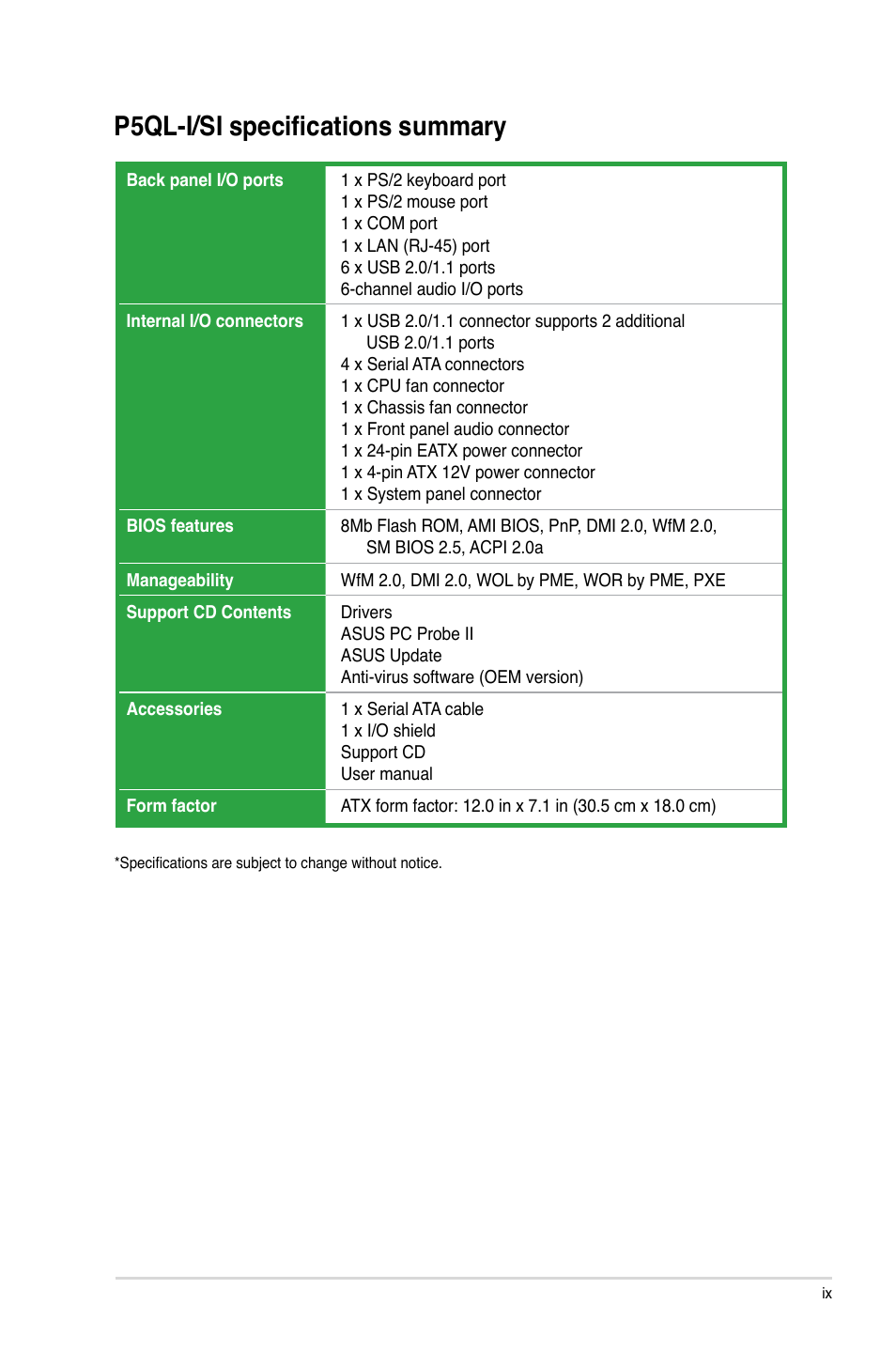 P5ql-i/si specifications summary | Asus P5QL-I/SI User Manual | Page 9 / 40