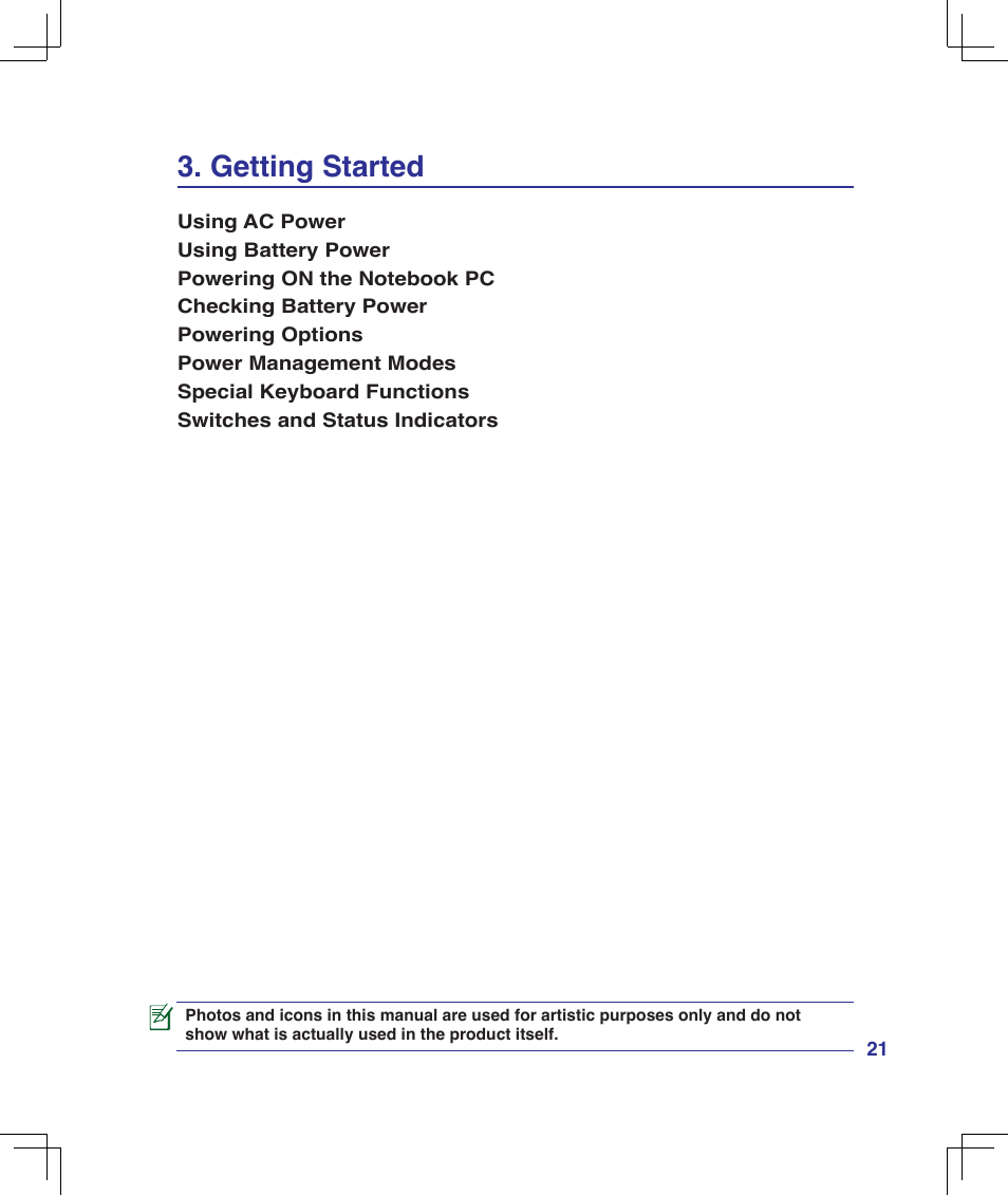 Getting started | Asus B51E User Manual | Page 21 / 79