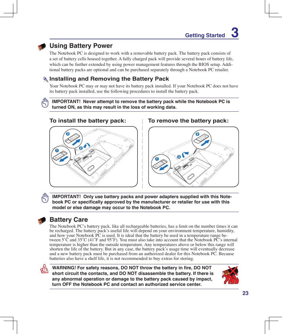 Using battery power, Battery care | Asus B51E User Manual | Page 23 / 79