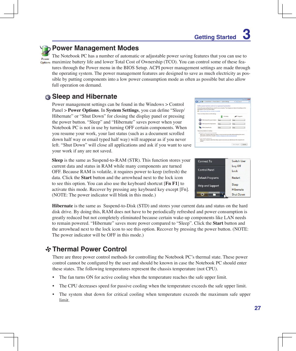 Power management modes, Sleep and hibernate, Thermal power control | Asus B51E User Manual | Page 27 / 79