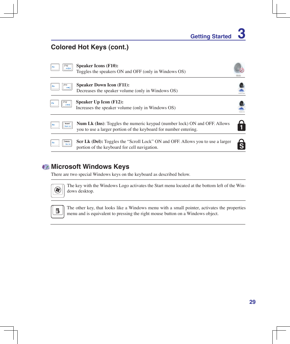 Microsoft windows keys, Colored hot keys (cont.) | Asus B51E User Manual | Page 29 / 79