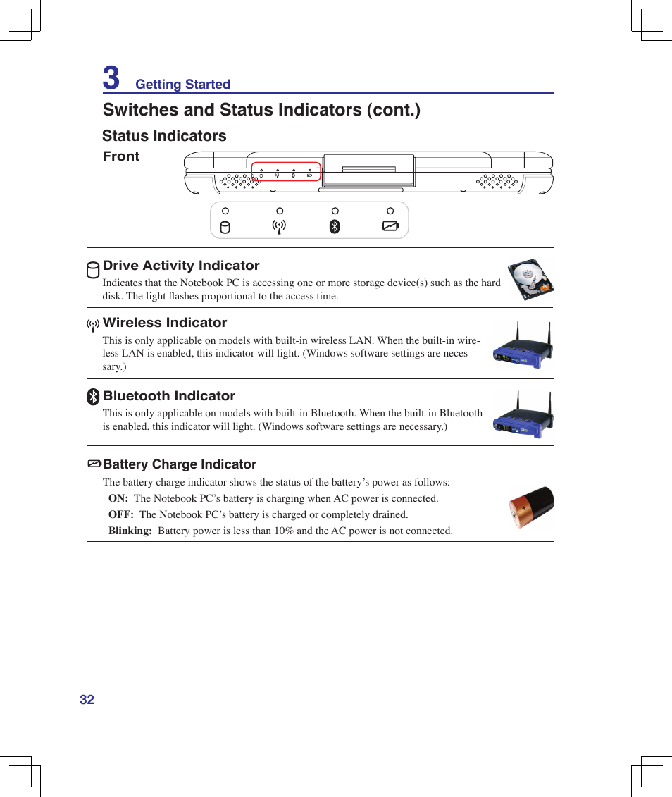Status indicators, Switches and status indicators (cont.) | Asus B51E User Manual | Page 32 / 79