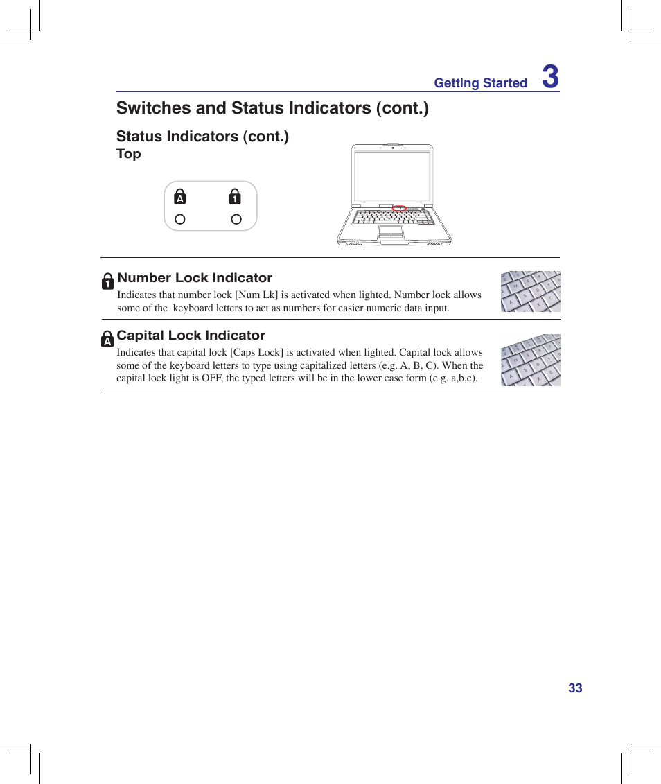 Switches and status indicators (cont.) | Asus B51E User Manual | Page 33 / 79