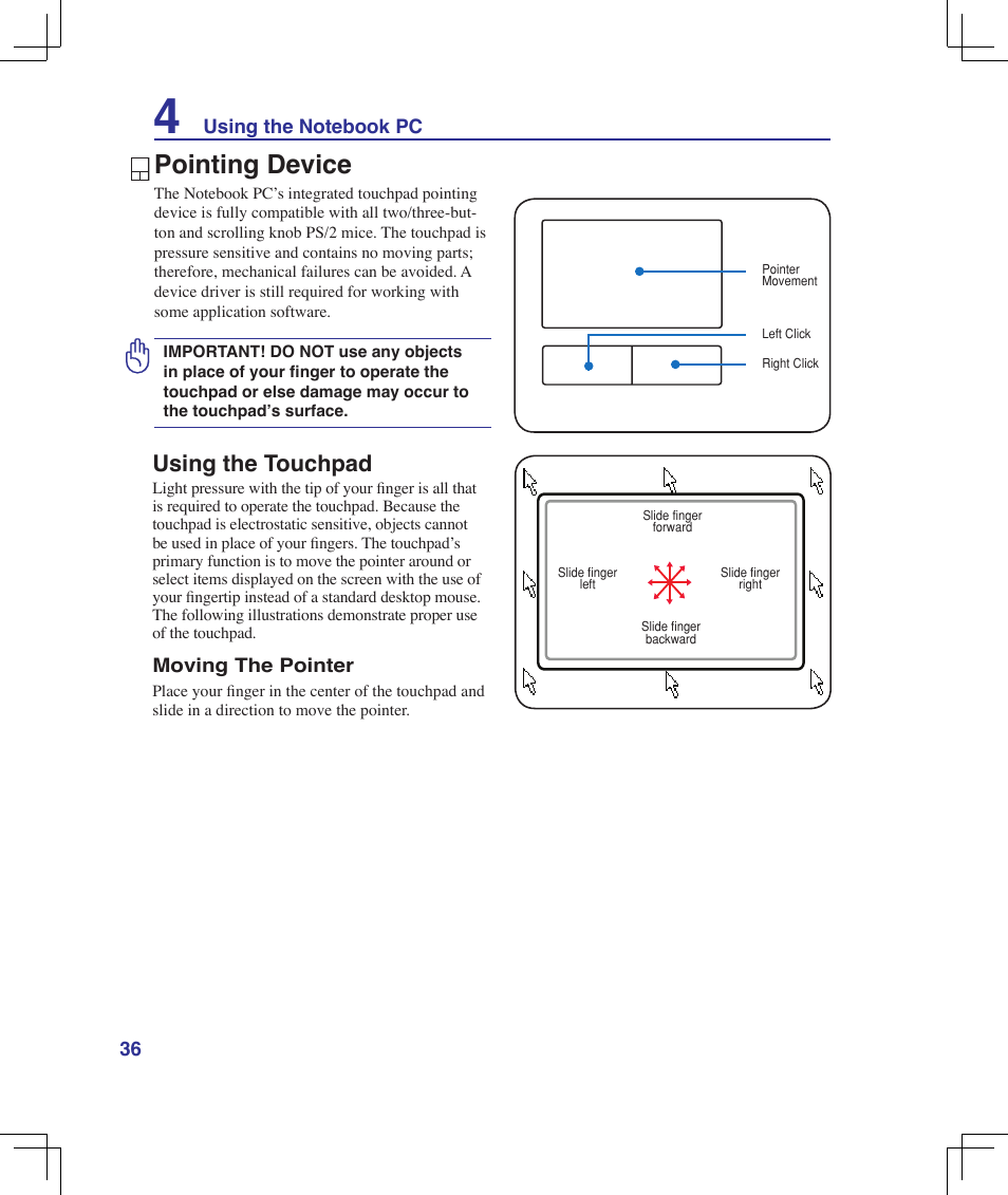 Pointing device, Using the touchpad | Asus B51E User Manual | Page 36 / 79