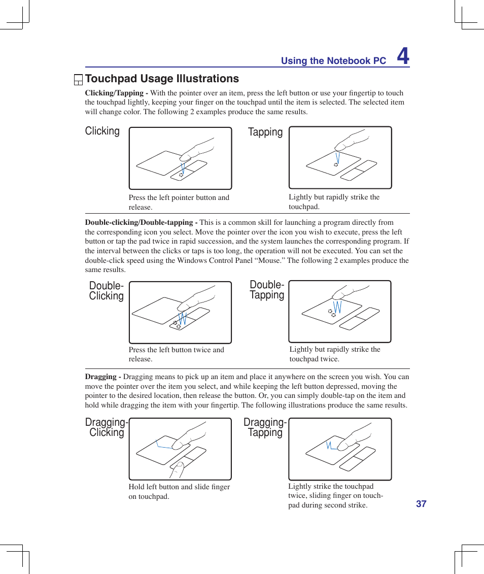 Touchpad usage illustrations | Asus B51E User Manual | Page 37 / 79