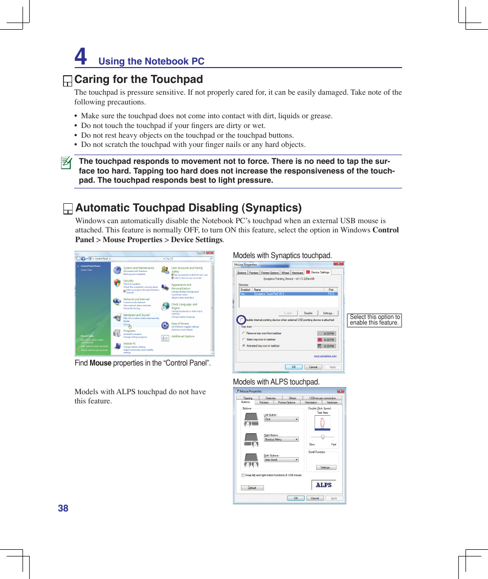 Caring for the touchpad, Automatic touchpad disabling (synaptics) | Asus B51E User Manual | Page 38 / 79