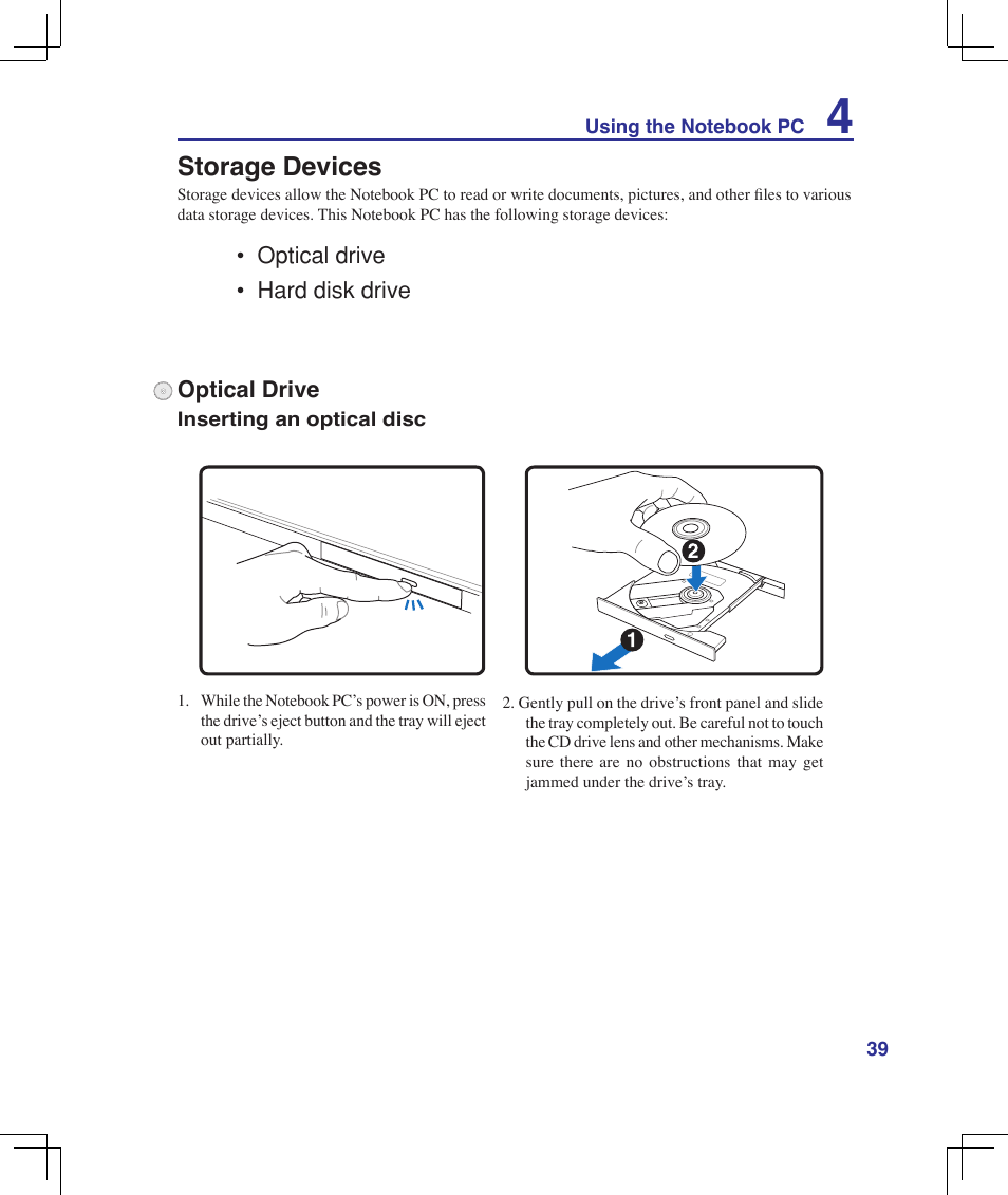 Storage devices, Optical drive | Asus B51E User Manual | Page 39 / 79