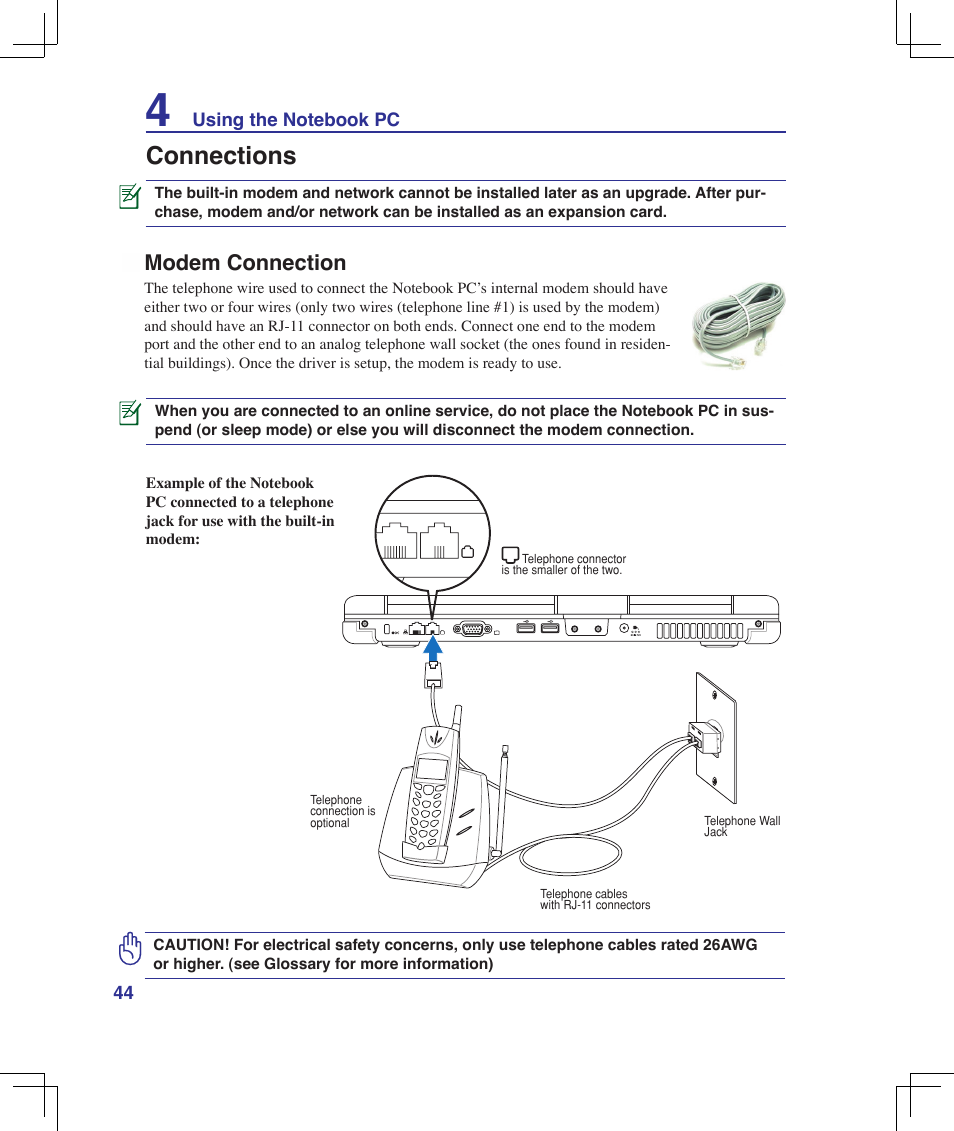 Connections, Modem connection | Asus B51E User Manual | Page 44 / 79