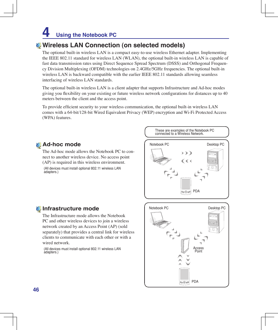 Wireless lan connection (on selected models) | Asus B51E User Manual | Page 46 / 79