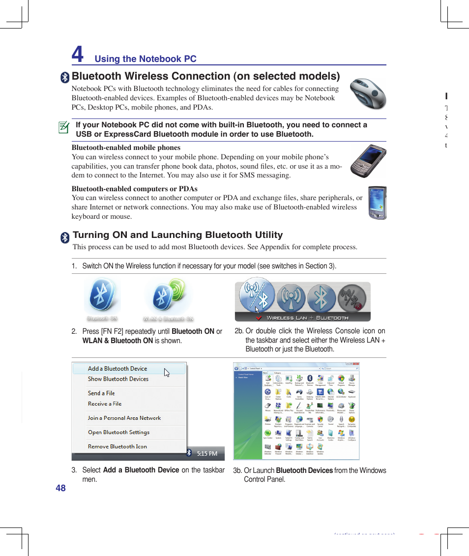 Bluetooth wireless connection (on selected models) | Asus B51E User Manual | Page 48 / 79