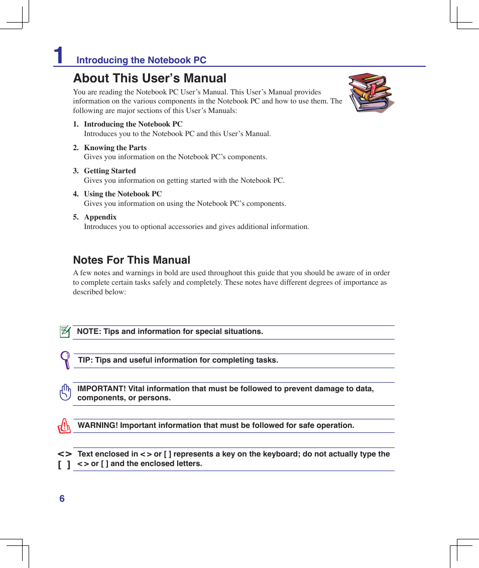 About this user’s manual, Notes for this manual | Asus B51E User Manual | Page 6 / 79