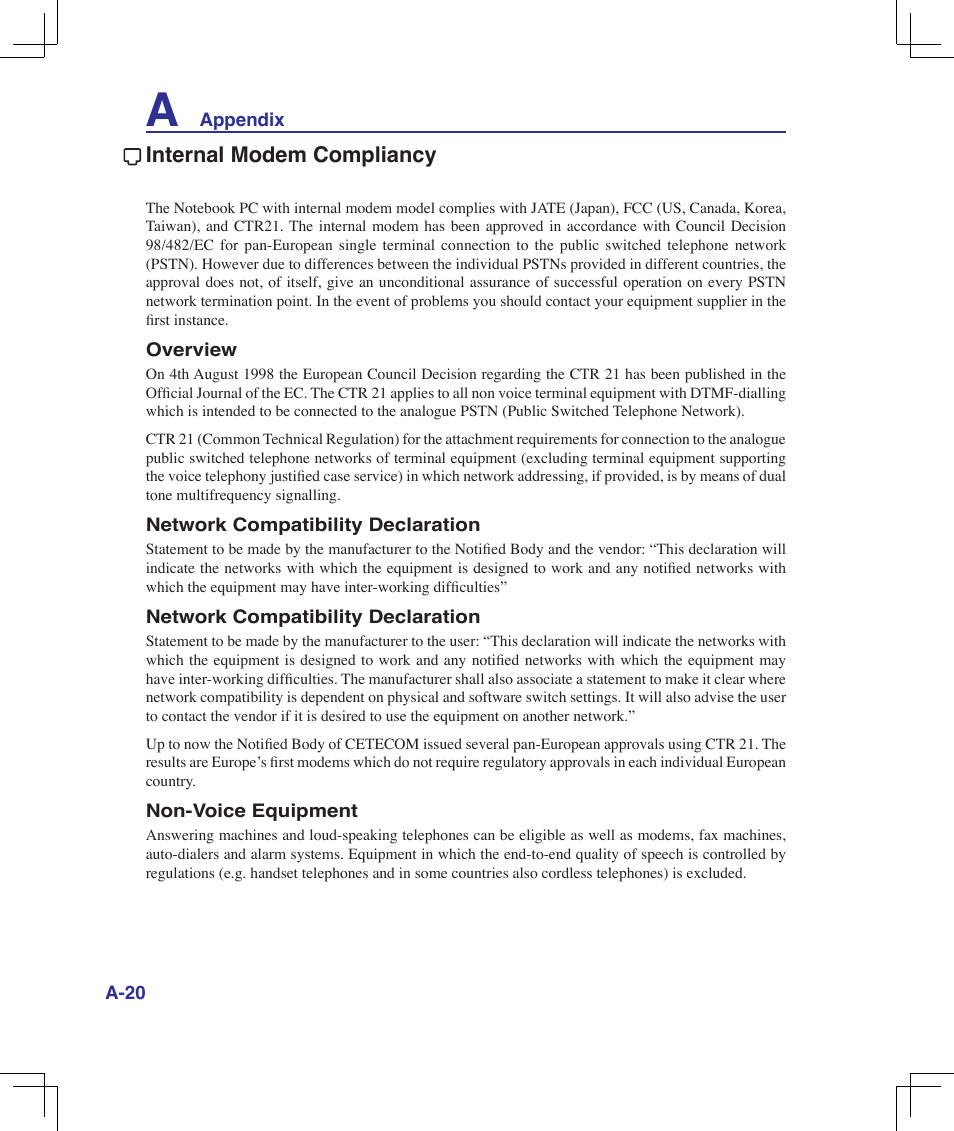 Internal modem compliancy | Asus B51E User Manual | Page 68 / 79
