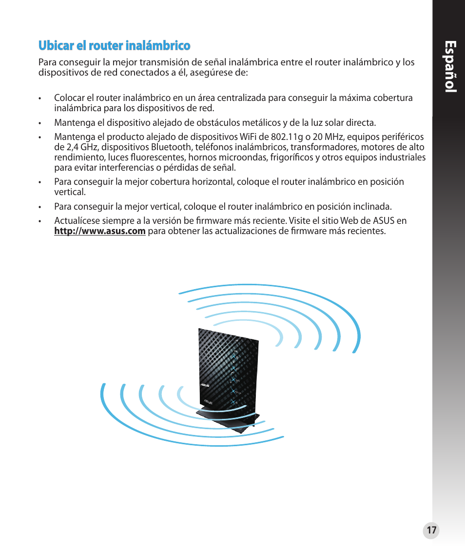 Español, Ubicar el router inalámbrico | Asus RT-N53 User Manual | Page 17 / 59