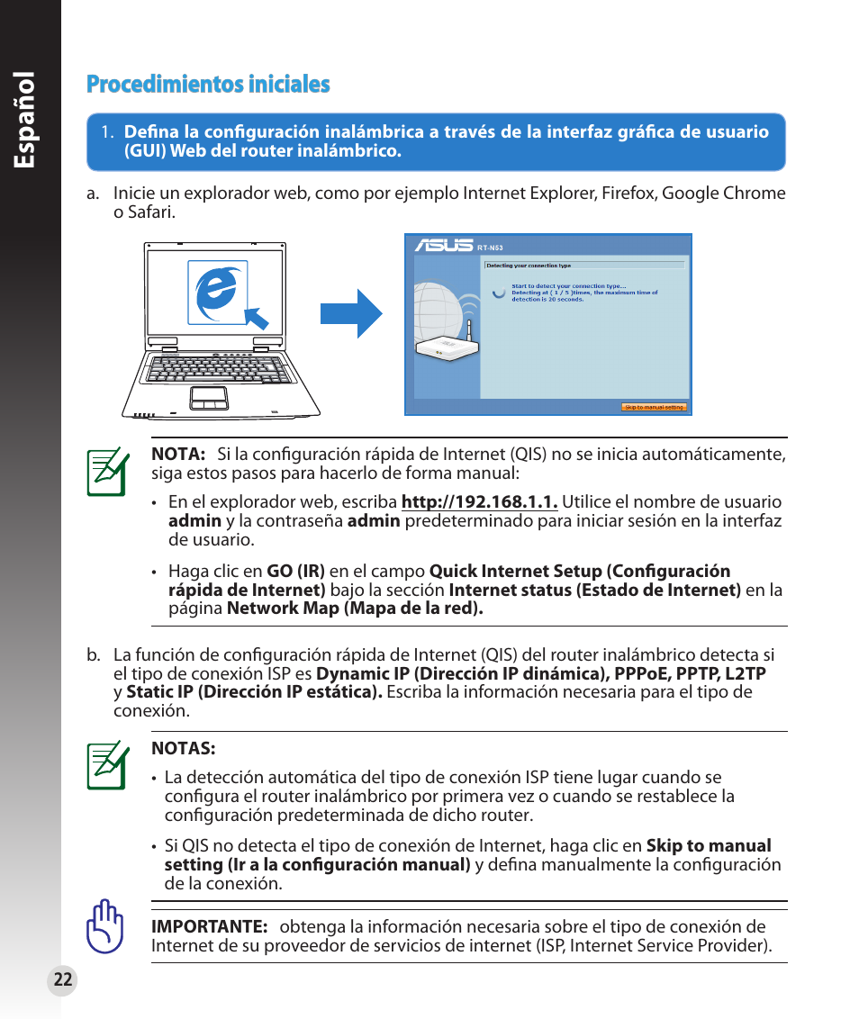 Español, Procedimientos iniciales | Asus RT-N53 User Manual | Page 22 / 59