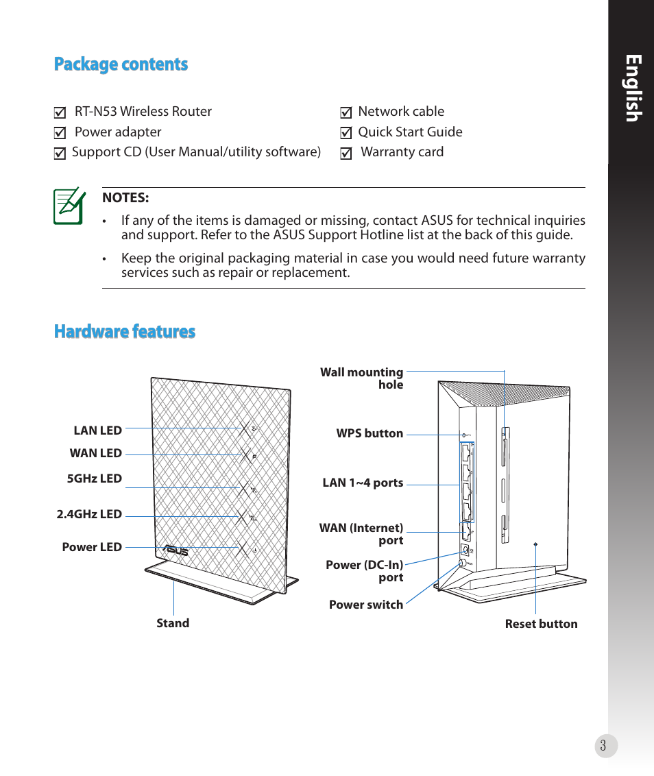 English, Package contents, Hardware features | Asus RT-N53 User Manual | Page 3 / 59