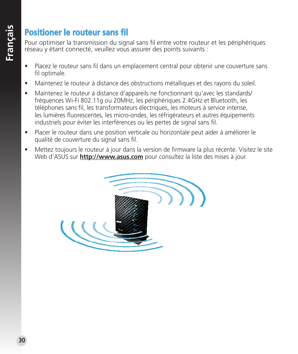 Français, Positioner le routeur sans fil | Asus RT-N53 User Manual | Page 30 / 59