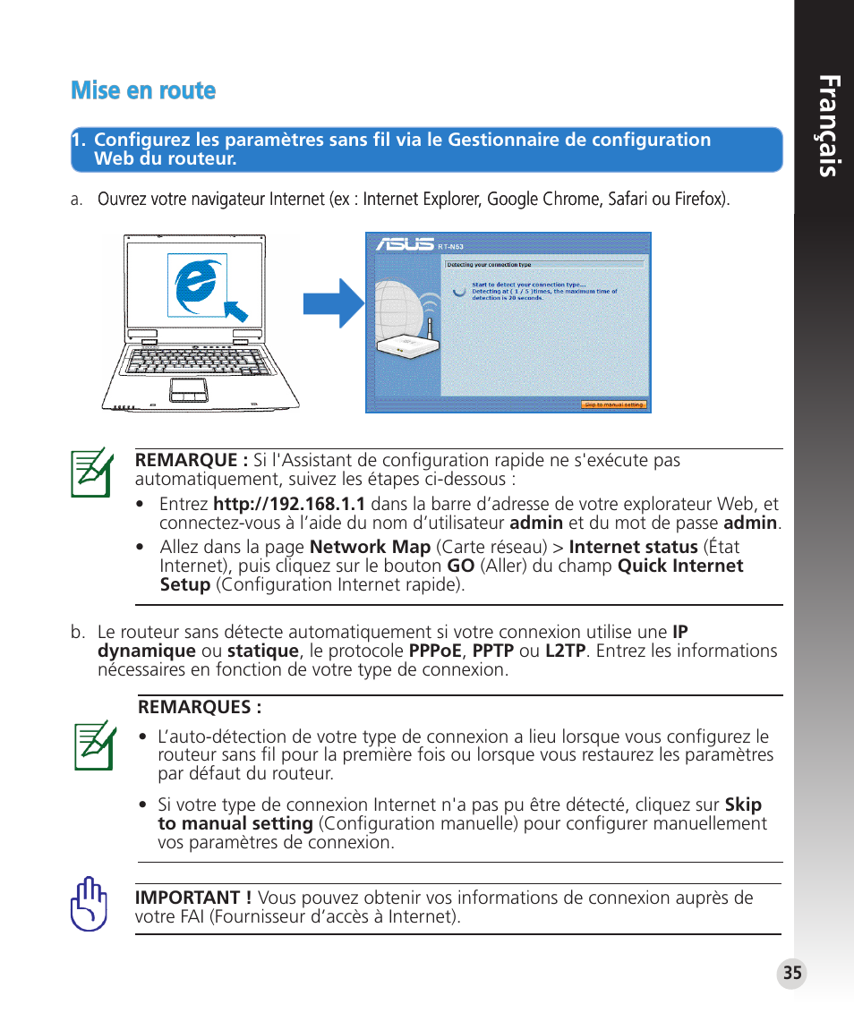 Français, Mise en route | Asus RT-N53 User Manual | Page 35 / 59