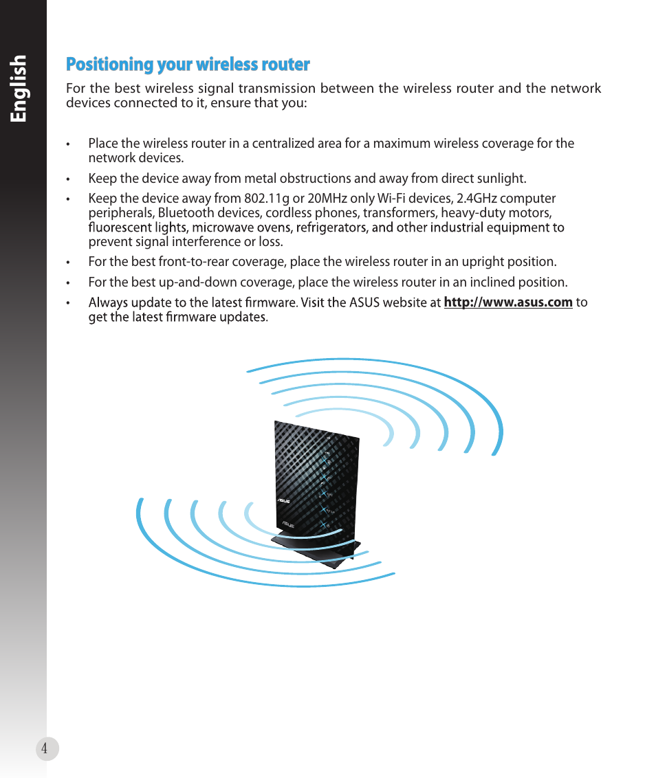 English, Positioning your wireless router | Asus RT-N53 User Manual | Page 4 / 59