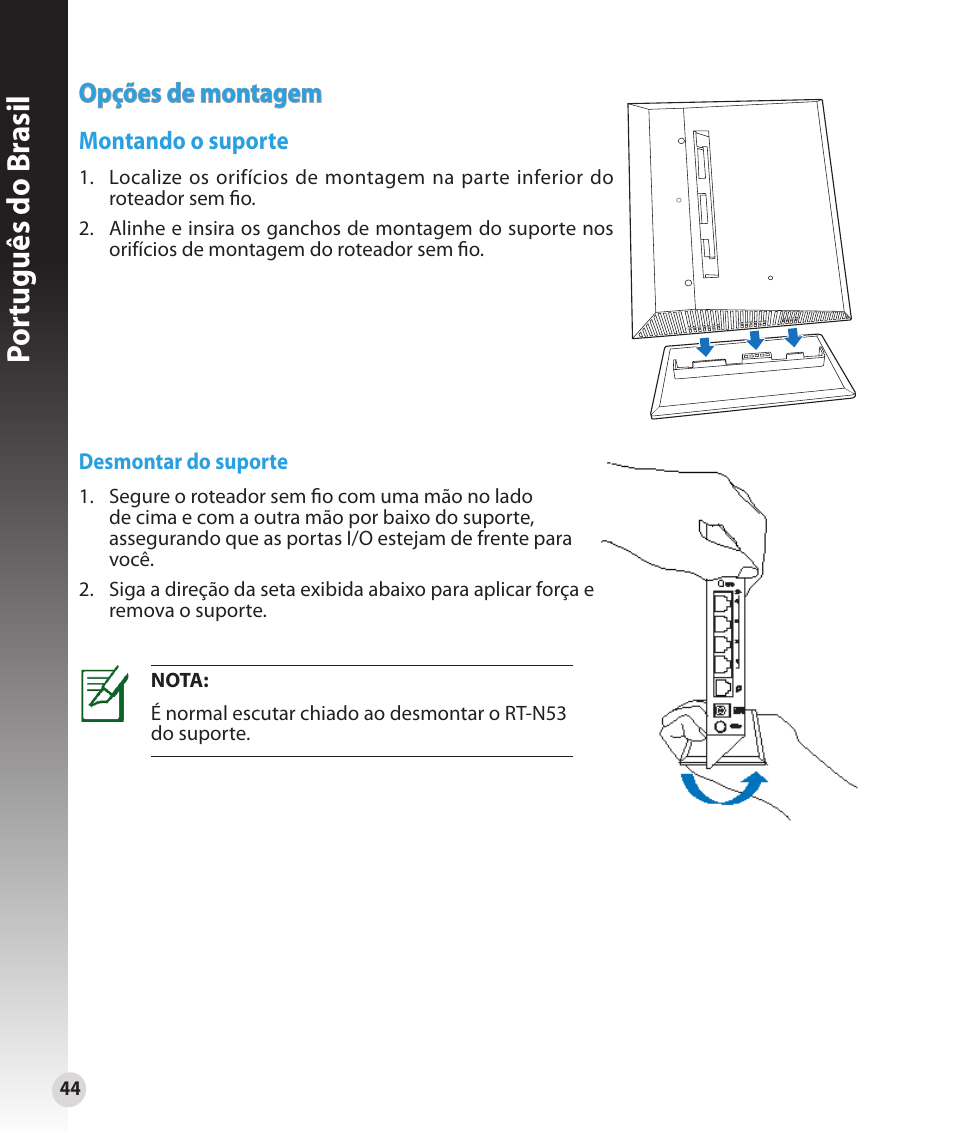 Por tuguês do br asil, Opções de montagem | Asus RT-N53 User Manual | Page 44 / 59