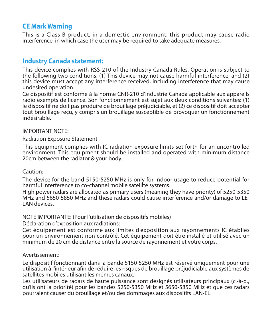 Ce mark warning, Industry canada statement | Asus RT-N53 User Manual | Page 58 / 59