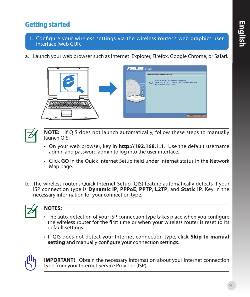 English, Getting started | Asus RT-N53 User Manual | Page 9 / 59