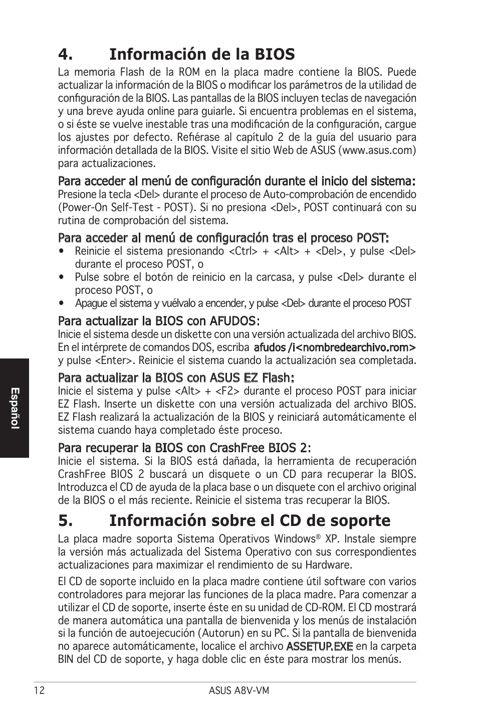 Información de la bios, Información sobre el cd de soporte | Asus A8V-VM User Manual | Page 13 / 37