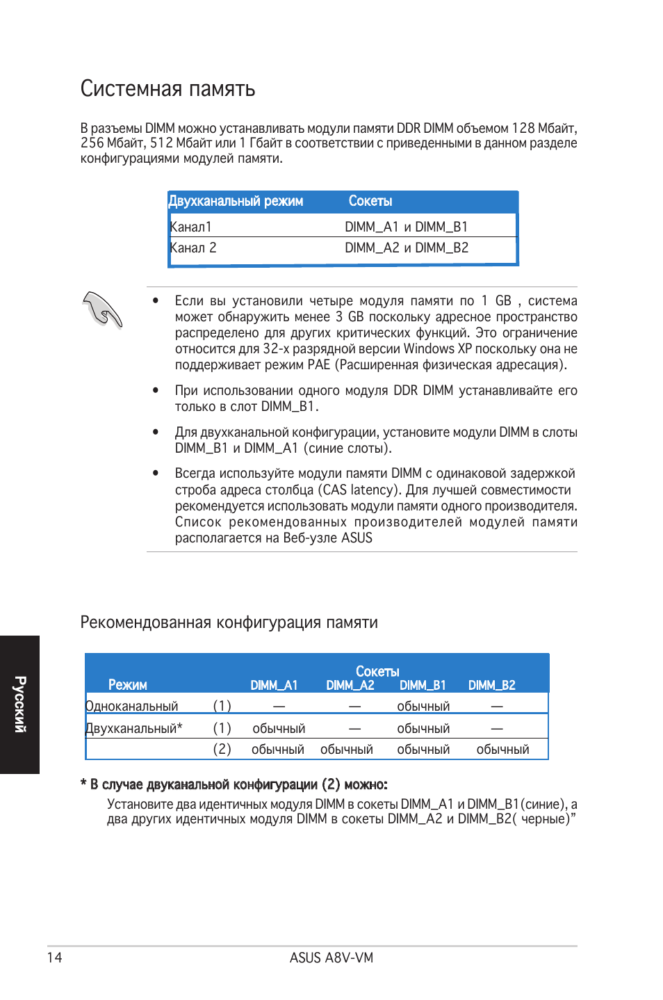 Системная память, Рекомендованная конфигурация памяти | Asus A8V-VM User Manual | Page 15 / 37