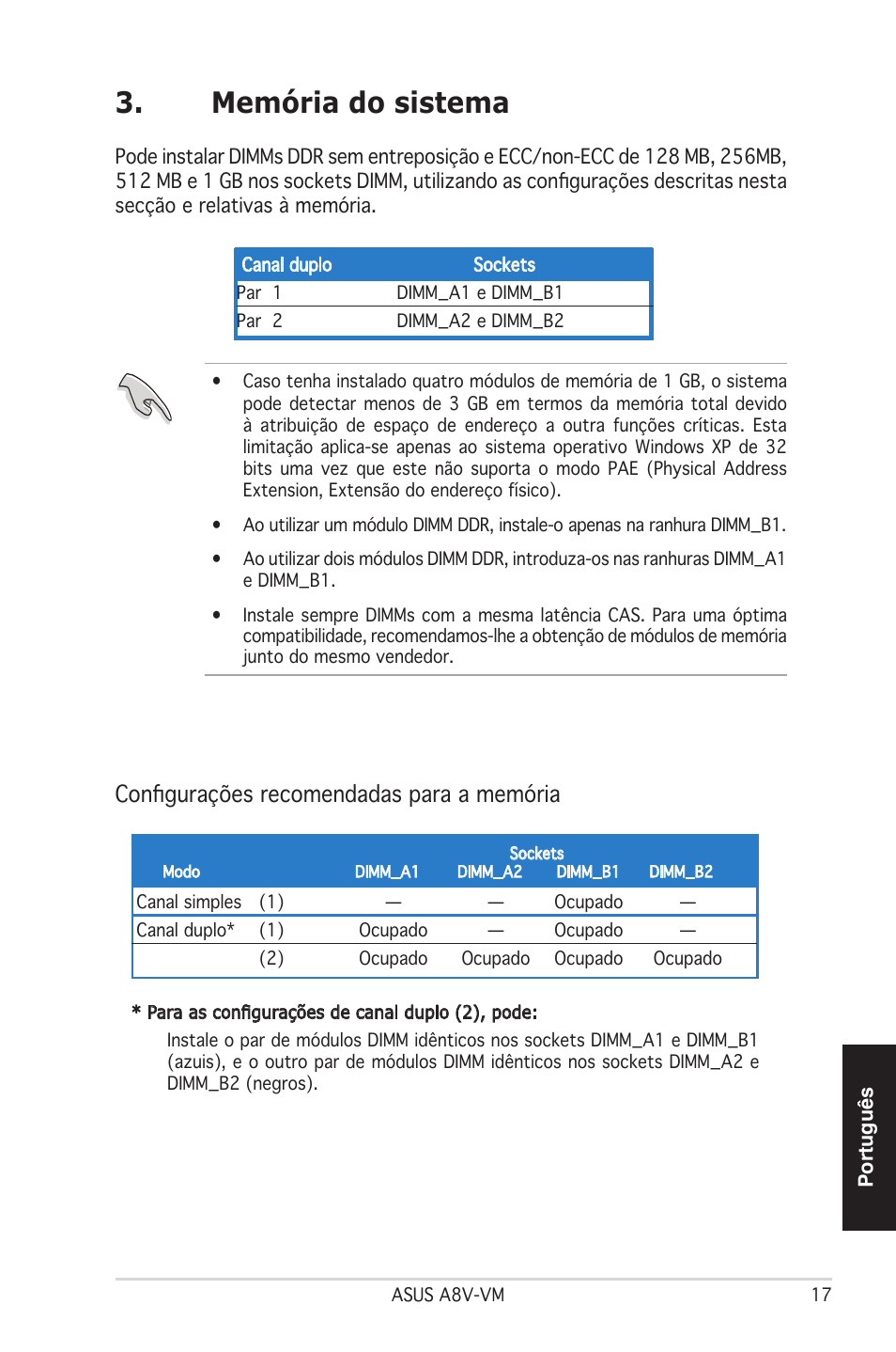 Memória do sistema, Configurações recomendadas para a memória | Asus A8V-VM User Manual | Page 18 / 37