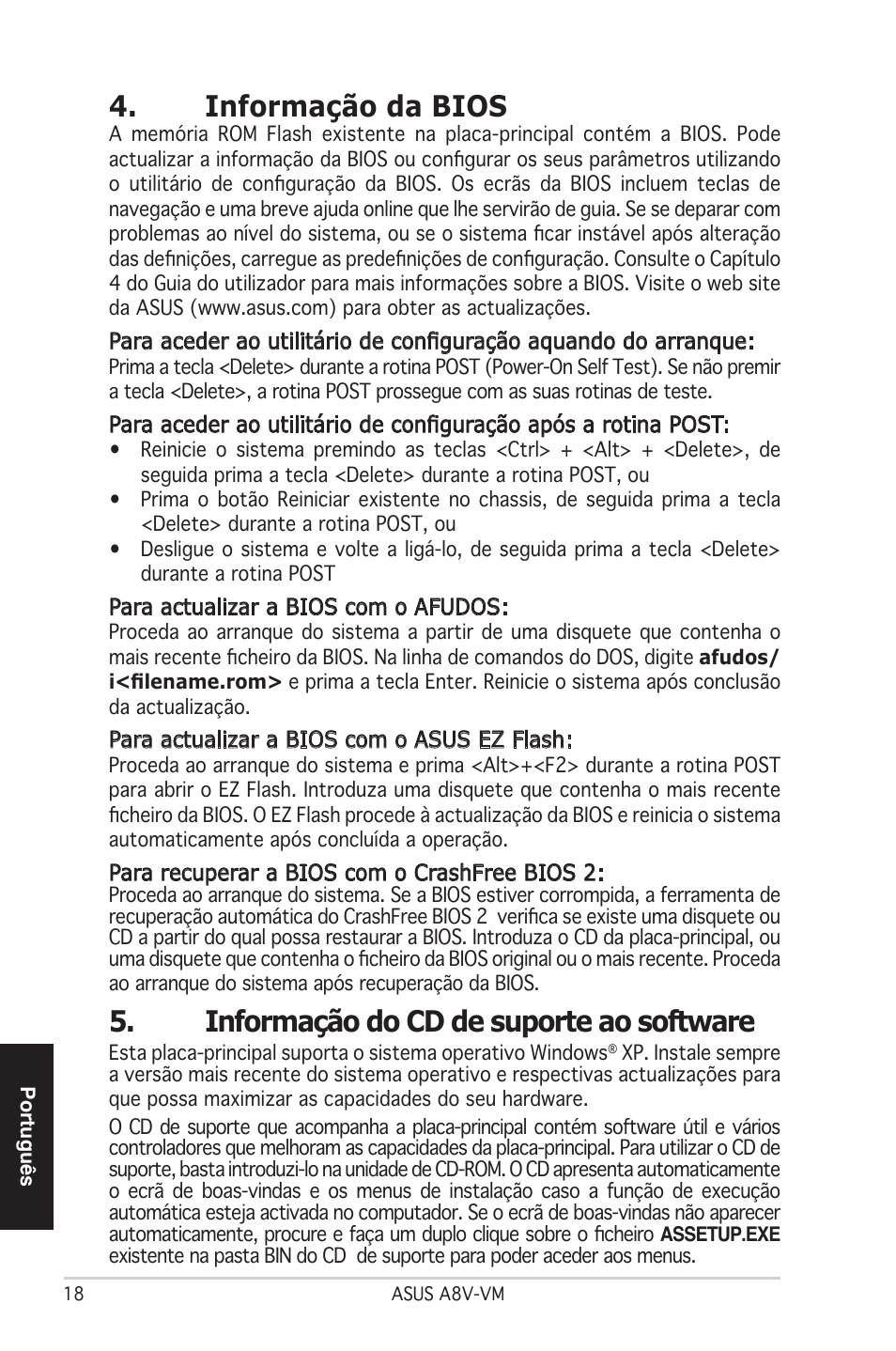 Informação da bios, Informação do cd de suporte ao software | Asus A8V-VM User Manual | Page 19 / 37