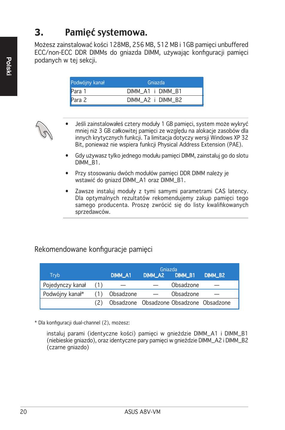 Pamięć systemowa, Rekomendowane konfiguracje pamięci | Asus A8V-VM User Manual | Page 21 / 37