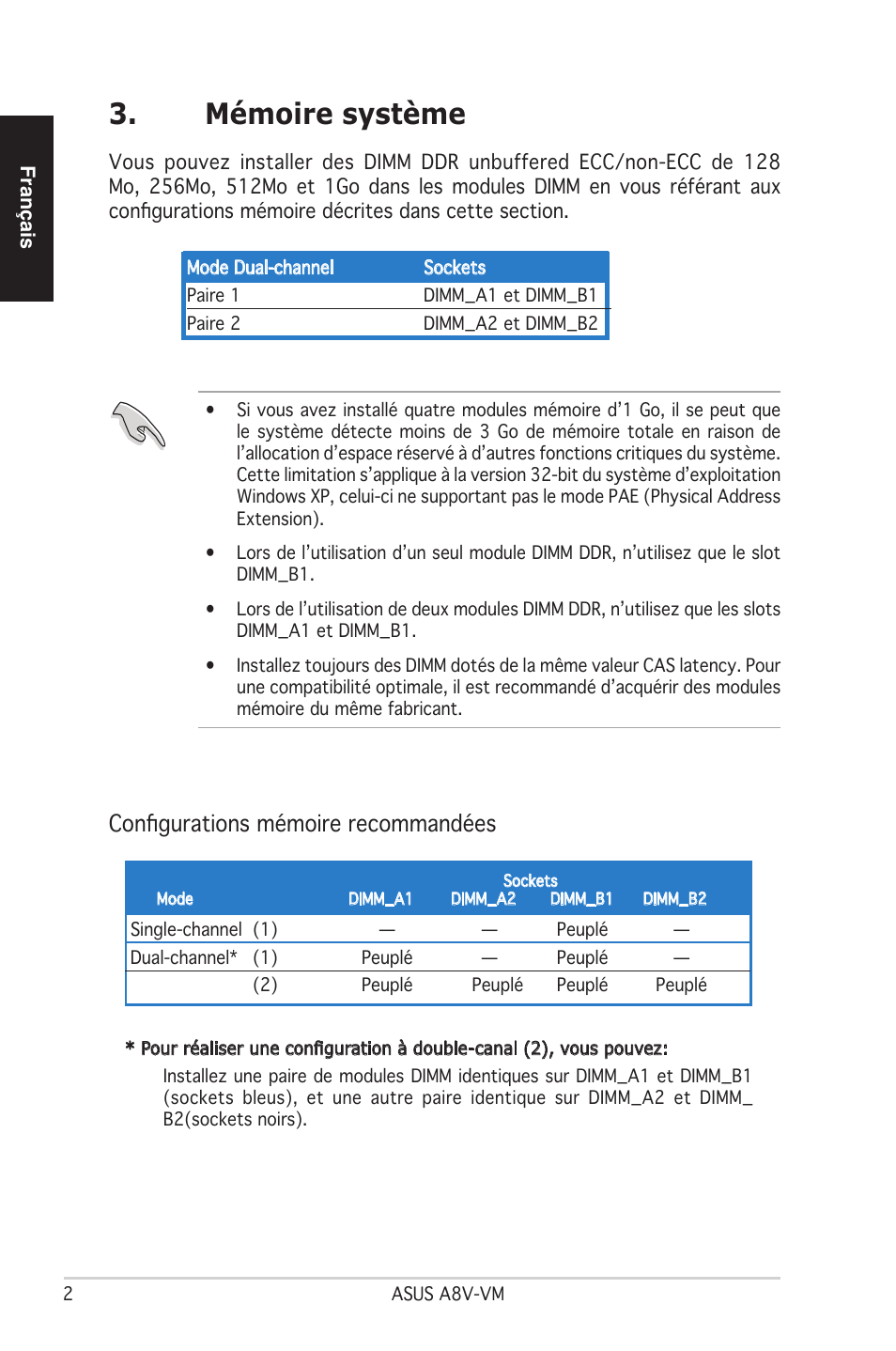 Mémoire système, Configurations mémoire recommandées | Asus A8V-VM User Manual | Page 3 / 37