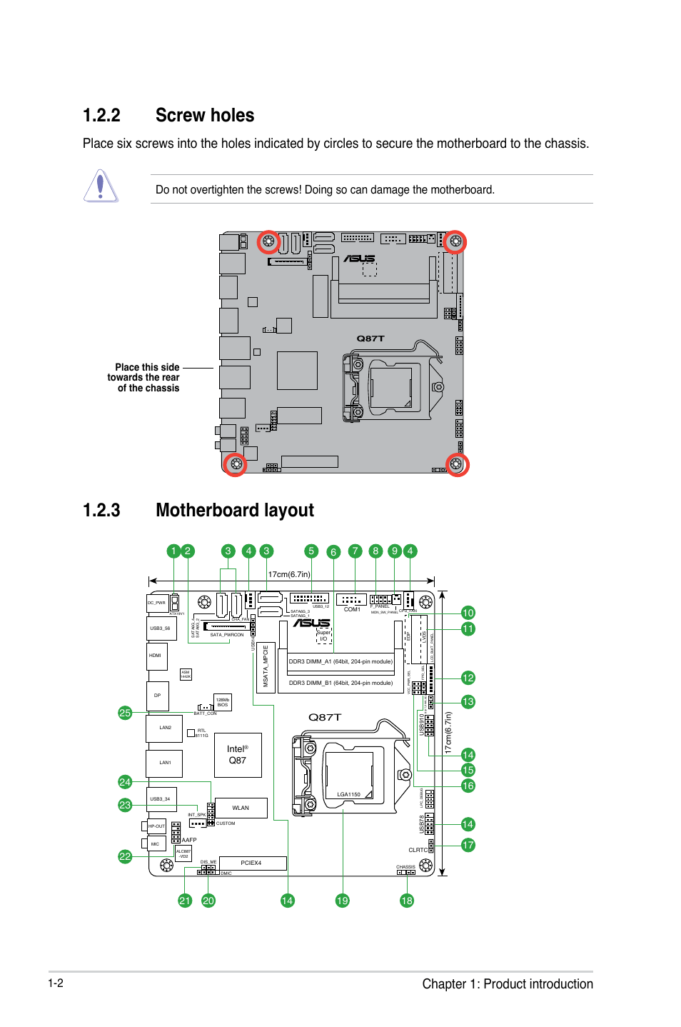 2 screw holes, 3 motherboard layout, Chapter 1: product introduction | Place this side towards the rear of the chassis | Asus Q87T User Manual | Page 10 / 84