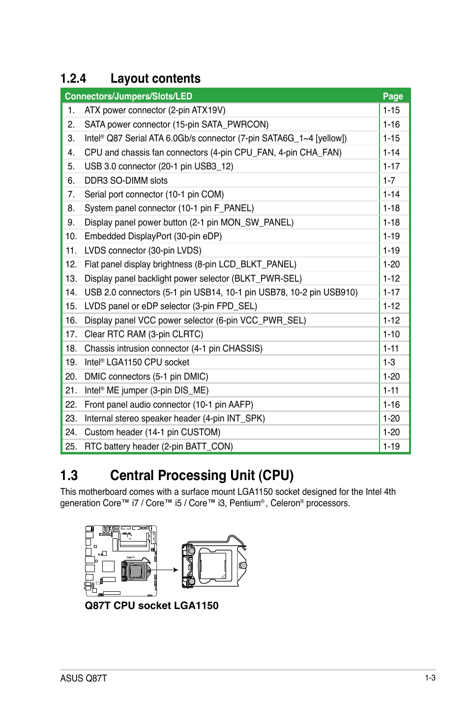3 central processing unit (cpu), 4 layout contents | Asus Q87T User Manual | Page 11 / 84