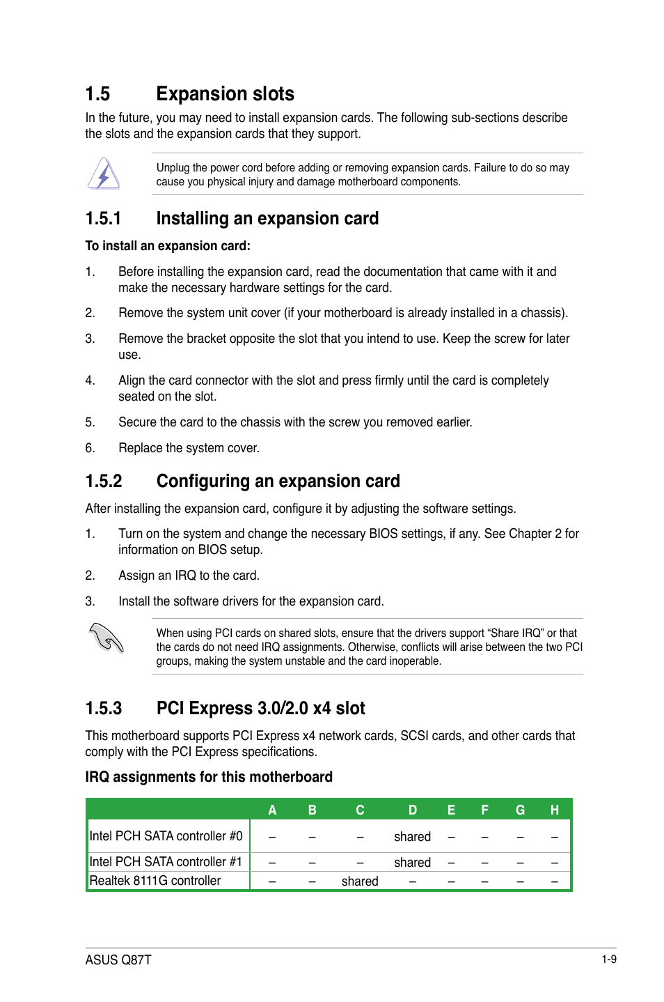 5 expansion slots, 1 installing an expansion card, 2 configuring an expansion card | Asus Q87T User Manual | Page 17 / 84