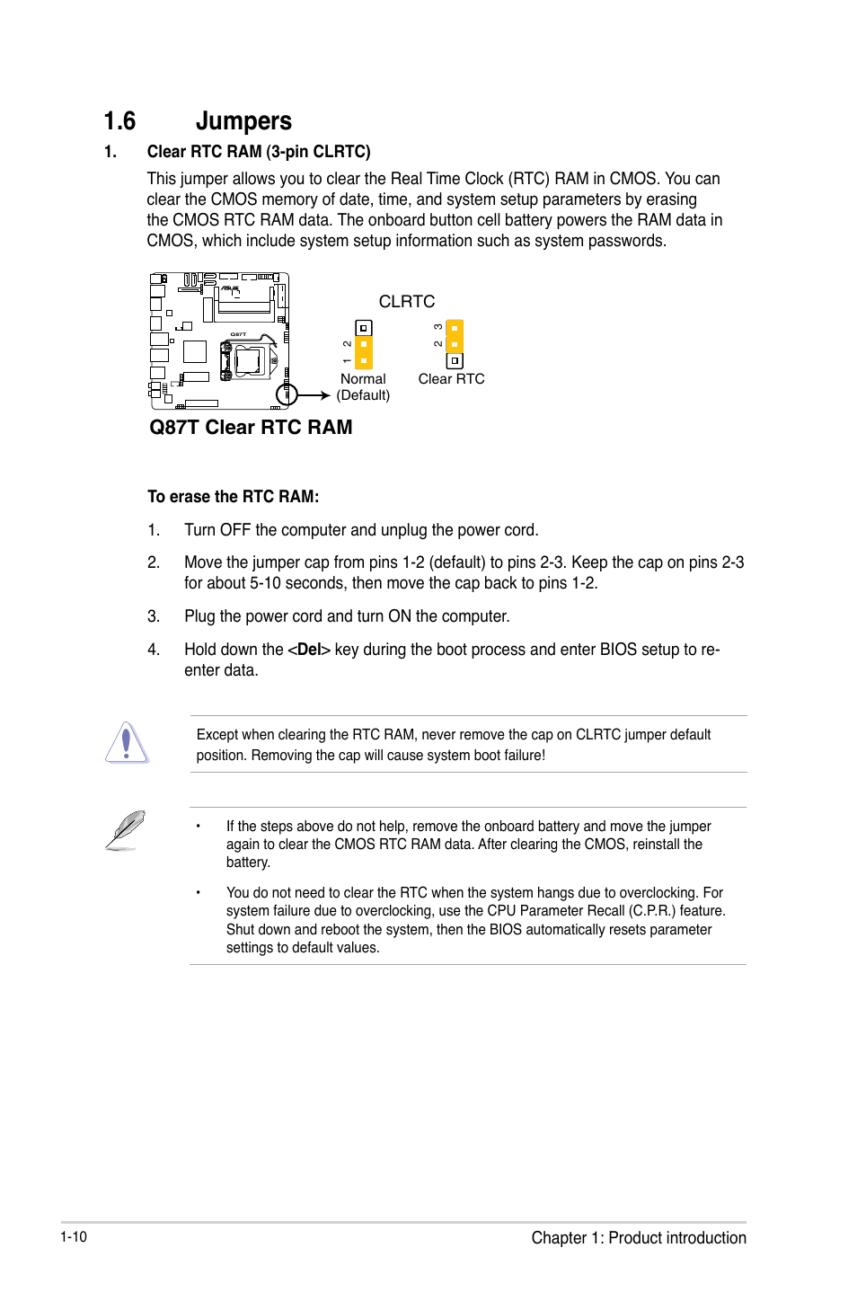 6 jumpers, Q87t clear rtc ram | Asus Q87T User Manual | Page 18 / 84