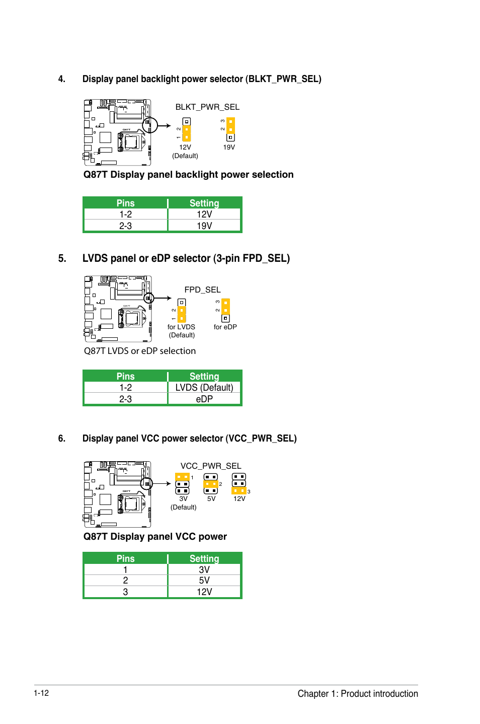 Lvds panel or edp selector (3-pin fpd_sel), Chapter 1: product introduction, Q87t display panel backlight power selection | Q87t lvds or edp selection, Q87t display panel vcc power, Pins setting 1-2 lvds (default) 2-3 edp | Asus Q87T User Manual | Page 20 / 84