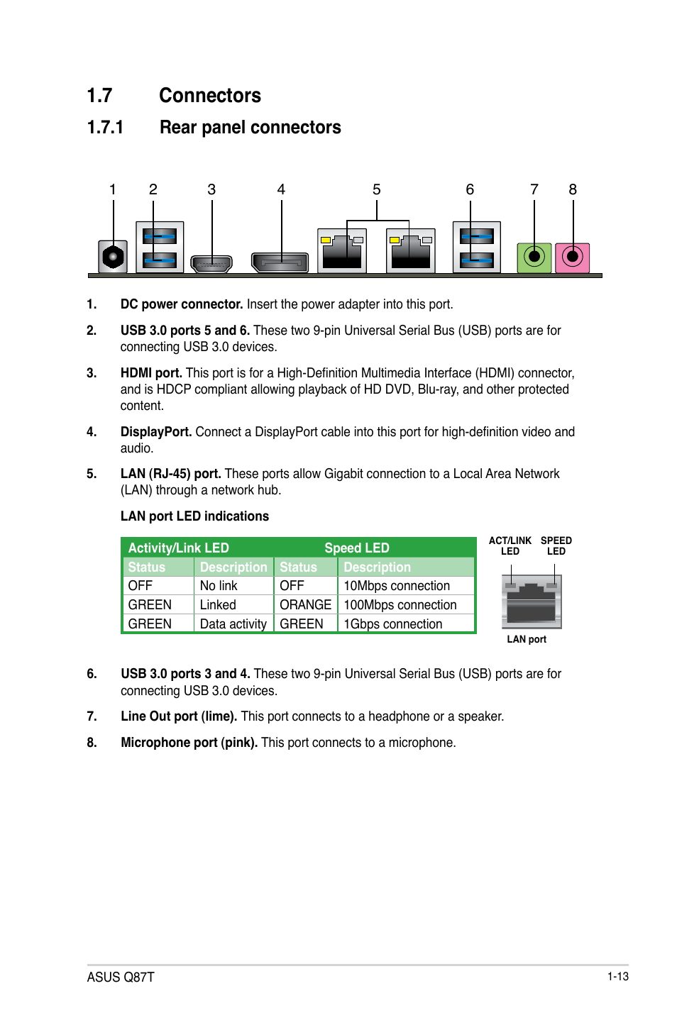 7 connectors, 1 rear panel connectors | Asus Q87T User Manual | Page 21 / 84