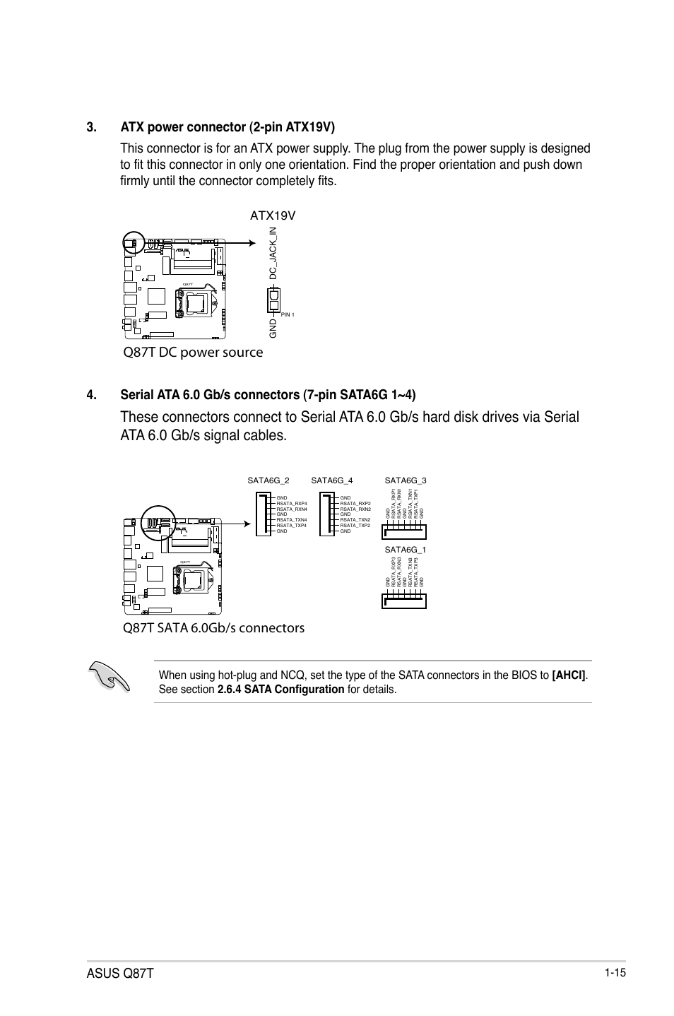 Q87t dc power source, Asus q87t, Q87t sata 6.0gb/s connectors | Atx19v | Asus Q87T User Manual | Page 23 / 84