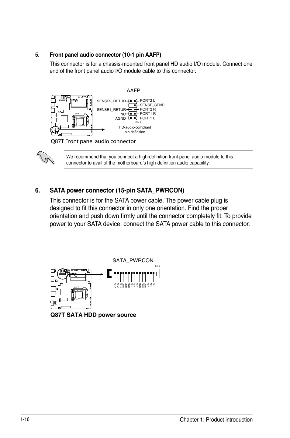 Q87t front panel audio connector, Q87t sata hdd power source | Asus Q87T User Manual | Page 24 / 84