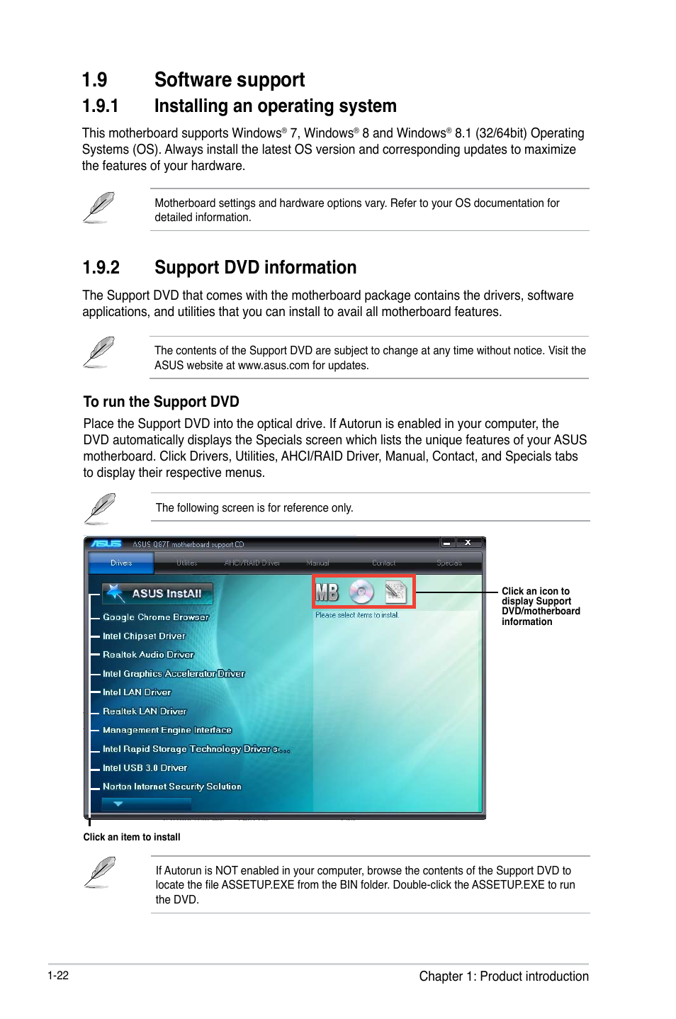 9 software support, 1 installing an operating system, 2 support dvd information | Asus Q87T User Manual | Page 30 / 84