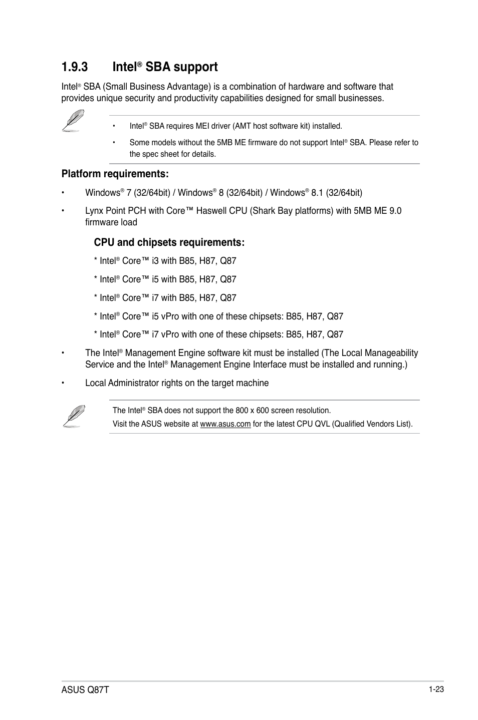 3 intel, Sba support, Platform requirements | Cpu and chipsets requirements | Asus Q87T User Manual | Page 31 / 84