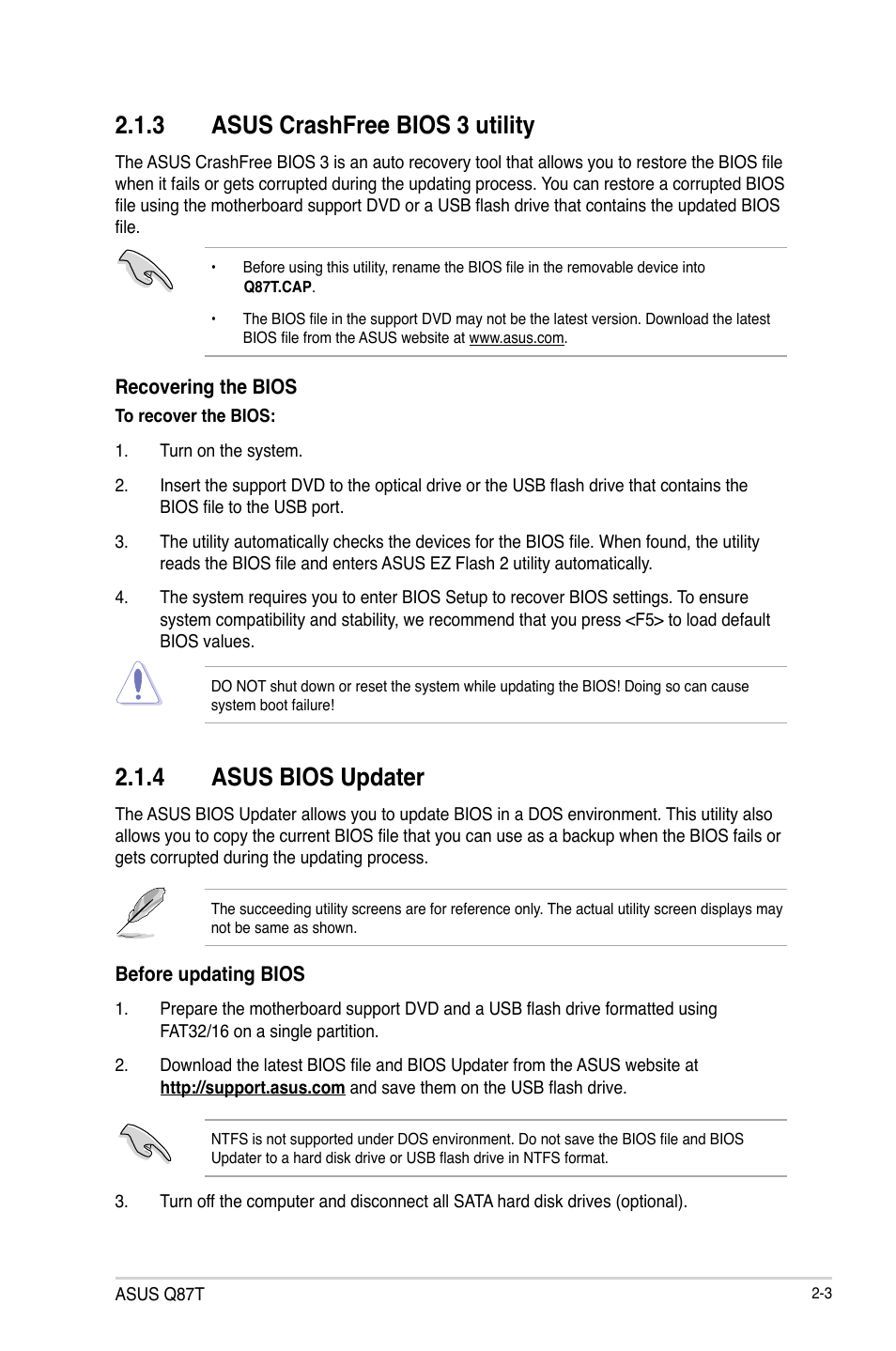 3 asus crashfree bios 3 utility, 4 asus bios updater | Asus Q87T User Manual | Page 35 / 84
