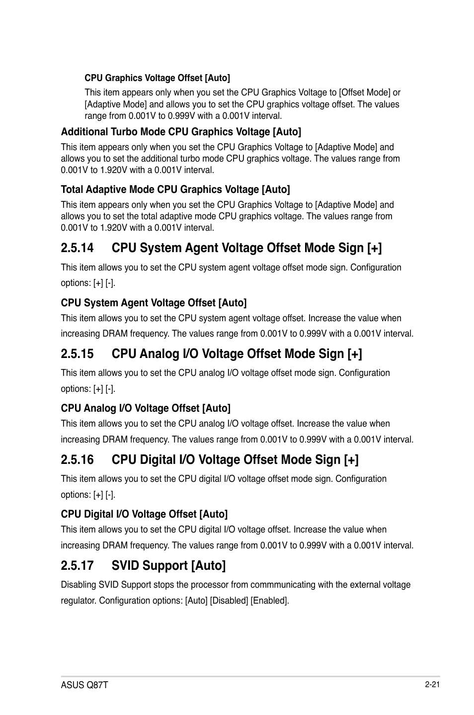 14 cpu system agent voltage offset mode sign, 15 cpu analog i/o voltage offset mode sign, 16 cpu digital i/o voltage offset mode sign | 17 svid support [auto | Asus Q87T User Manual | Page 53 / 84