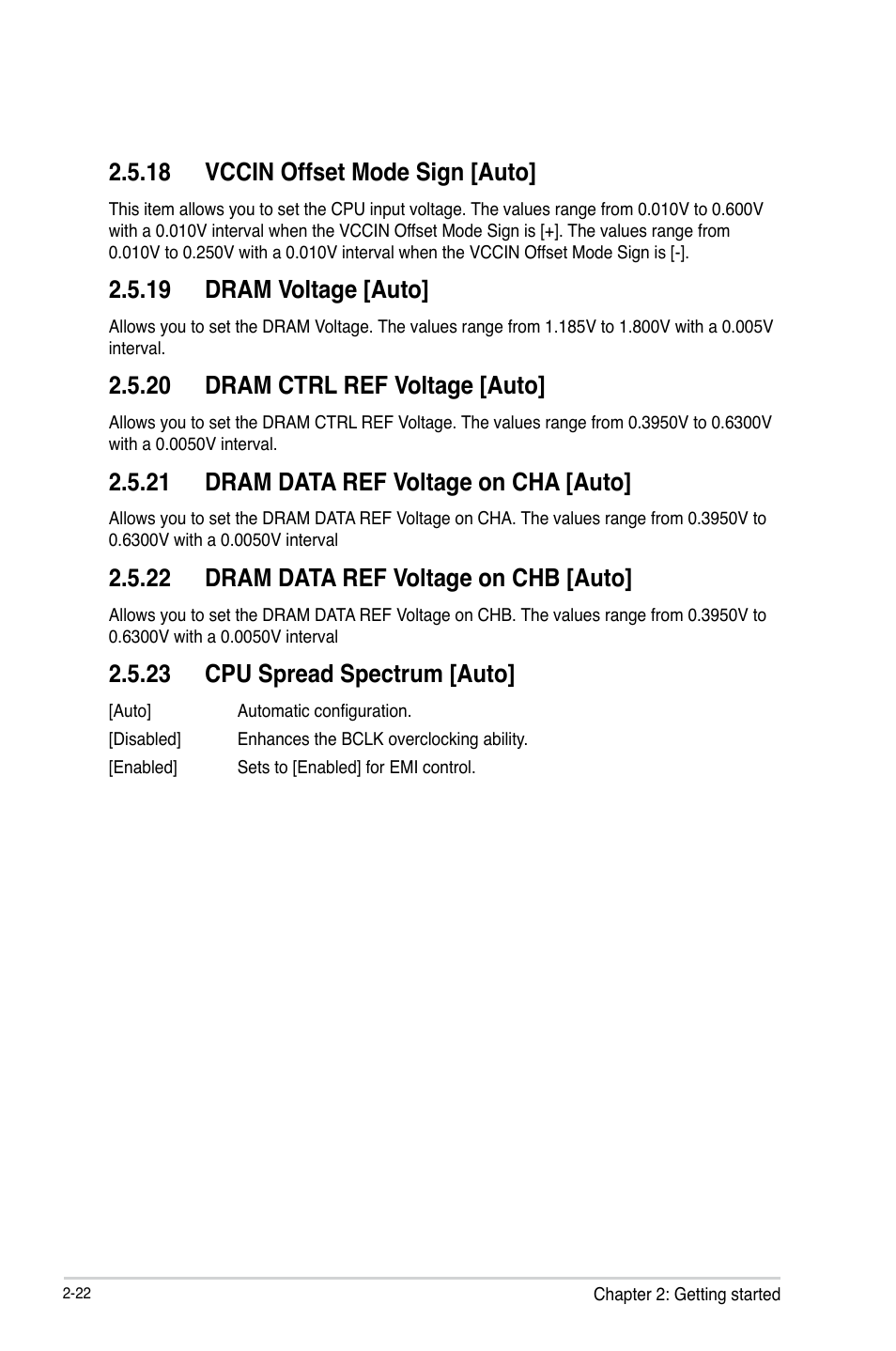 18 vccin offset mode sign [auto, 19 dram voltage [auto, 20 dram ctrl ref voltage [auto | 21 dram data ref voltage on cha [auto, 22 dram data ref voltage on chb [auto, 23 cpu spread spectrum [auto | Asus Q87T User Manual | Page 54 / 84