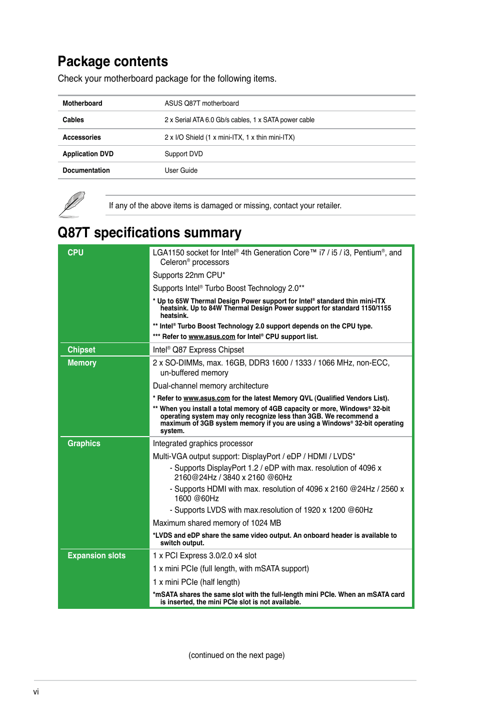 Package contents, Q87t specifications summary | Asus Q87T User Manual | Page 6 / 84