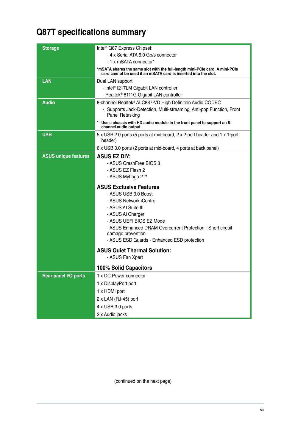 Q87t specifications summary | Asus Q87T User Manual | Page 7 / 84