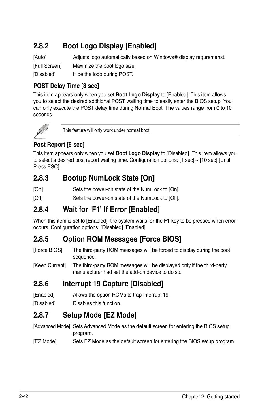 2 boot logo display [enabled, 3 bootup numlock state [on, 4 wait for ‘f1’ if error [enabled | 5 option rom messages [force bios, 6 interrupt 19 capture [disabled, 7 setup mode [ez mode | Asus Q87T User Manual | Page 74 / 84