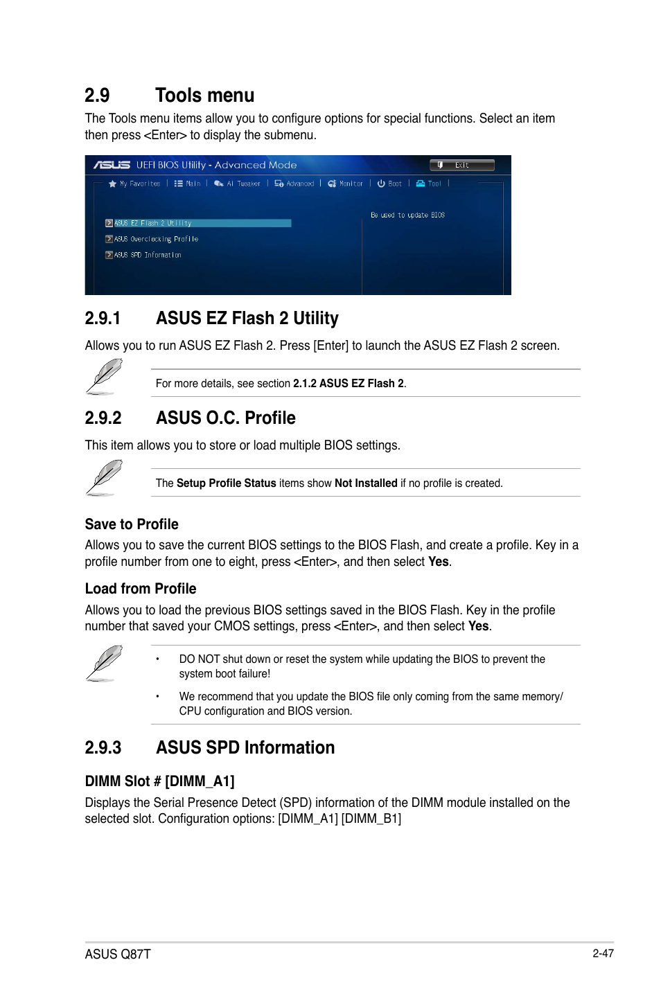 9 tools menu, 1 asus ez flash 2 utility, 2 asus o.c. profile | 3 asus spd information | Asus Q87T User Manual | Page 79 / 84