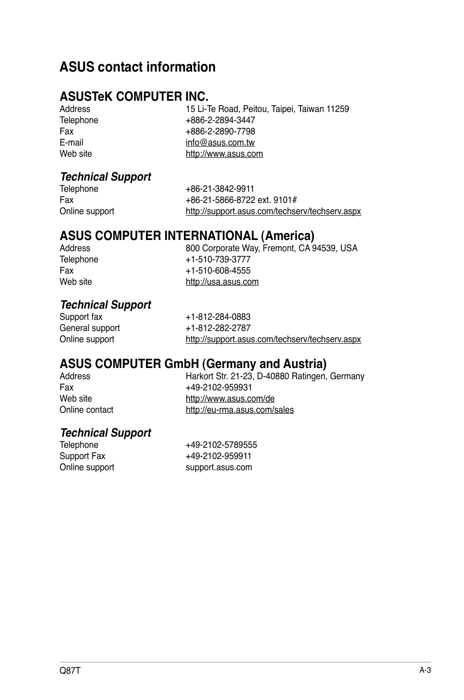 Asus contact information, Asustek computer inc, Asus computer international (america) | Asus computer gmbh (germany and austria), Technical support | Asus Q87T User Manual | Page 83 / 84