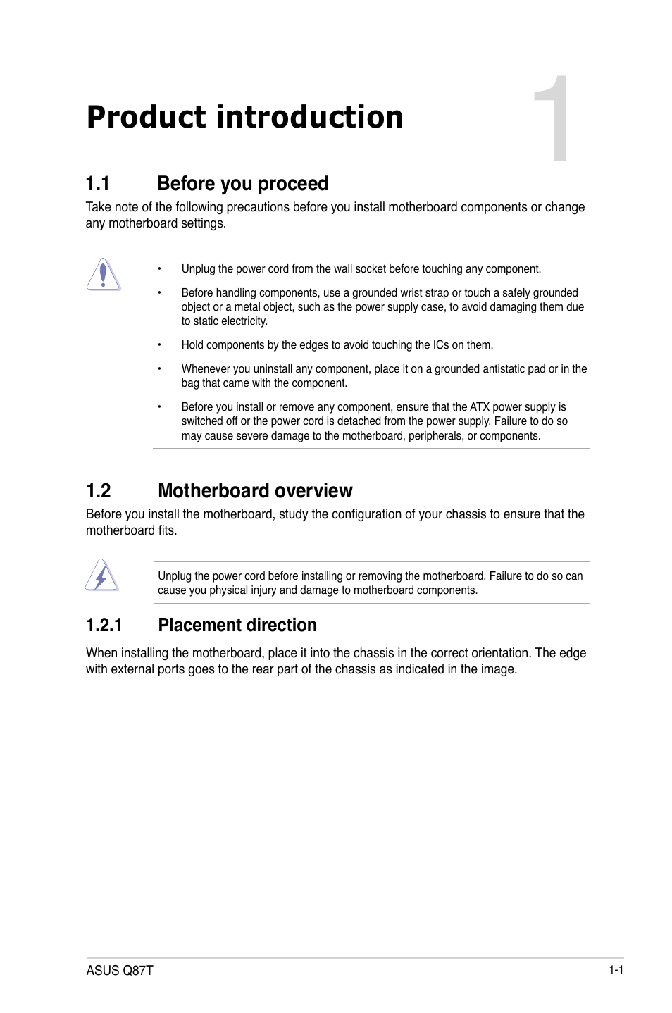 Product introduction, 1 before you proceed, 2 motherboard overview | Asus Q87T User Manual | Page 9 / 84
